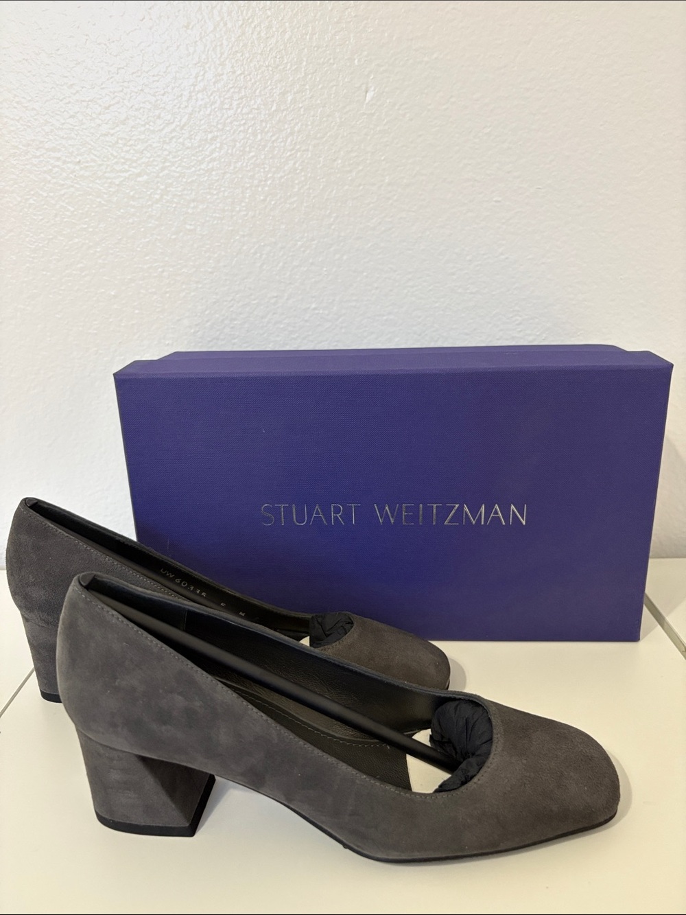 Stuart Weitzman Marymid Slate Suede Block Heel Pumps